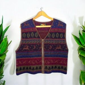 Vintage 90s Wool Sweater Vest Alps Moose Fair Isle Zip Up Made in USA L